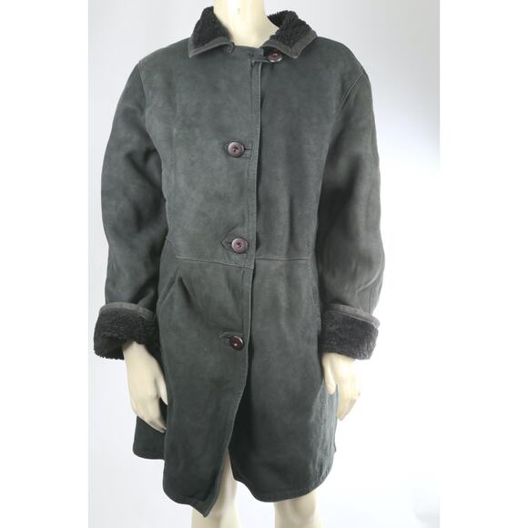 Vintage Dark Green Shearling Suede Coat Warm Winter Leather Trim Jacket Size M - Picture 7 of 16